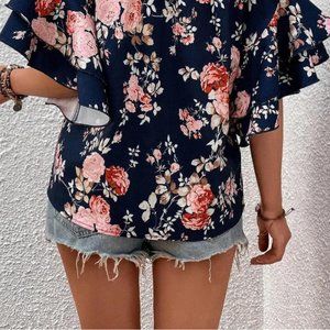 SHYING FASHION | Tops | Blue Ruffle Off Shoulder Flounce Sleeve Floral ...